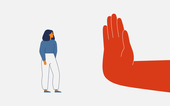 Discrimination for women. Human hand showing stop gesture for Caucasian or asian woman. Restriction for female rights in social life and business. Domestic violence concept. Vector illustration