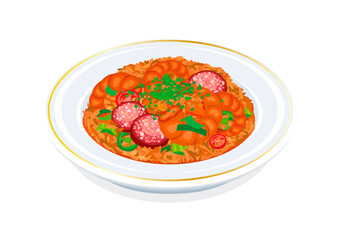 Jambalaya dish with shrimp, sausage and rice illustration. Plate of Jambalaya with vegetables, sausage, and shrimp icon isolated on a white background. Classic meal in Louisiana