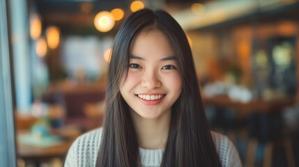 Smiling Chinese Teenage Girl at a Cozy Cafe, Ideal for Social Media, Print, Card, and Poster Design