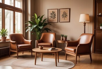 Modern minimalistic living room interior mockup empty brown wall with chairs side table and plants. Generative AI