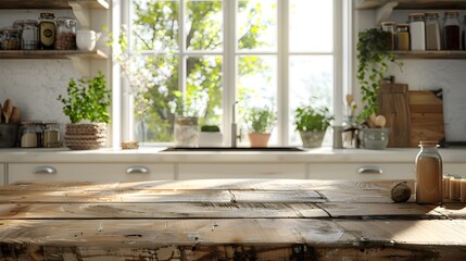 Rustic Farmhouse Kitchen Table with Bright Natural Lighting for Organic Product Display