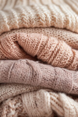 Closeup of warm winter sweaters and pullovers. Female minimal fashion clothes pattern.