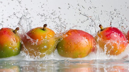 Whole Alphonso mangoes splashing into clear water against a white background showcasing their vibrant orange color Stock Photo with copy space
