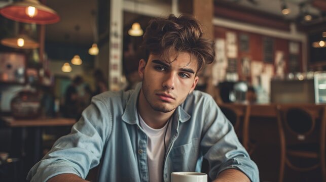Introspective Southern European Young Man in Urban Cafe Setting Stock Photography for Editorial, Design, Web, and Print Use