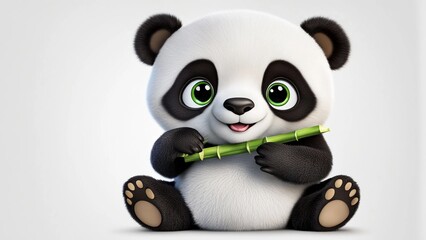 Naklejka premium Cute cartoon style panda eating bamboo while sitting with a content smile and big sparkling eyes on white background, 3D cartoon character image clipart