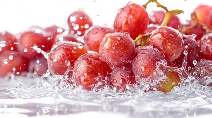 Red Globe grapes cascading into clear water with a splash effect and droplets frozen mid-air against a white background Stock Photo with copy space
