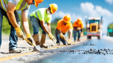 Construction Workers Surveying and Measuring New Road Project
