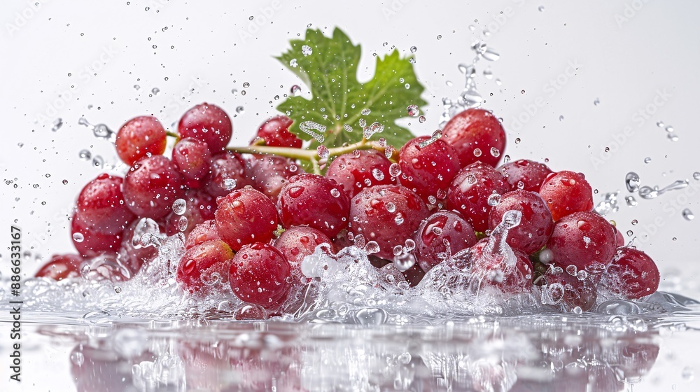 Poster Bunches of Red Globe grapes creating a splash effect in water with vibrant droplets against a white background emphasizing their bright red color Stock Photo with copy space