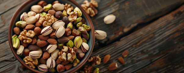 A close-up of a bowl of mixed nuts, including pistachios, walnuts, and Brazil nuts, set on a dark wooden table. The varied textures and colors of the nuts create a visually appealing composition.