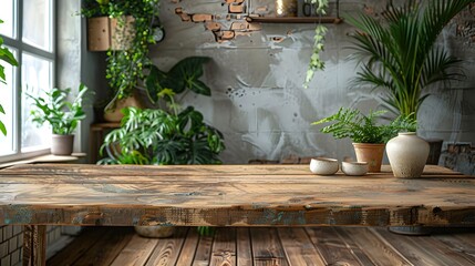 Rustic Wooden Table with Handmade Ceramics in Bright Green Filled Room for Product Showcase