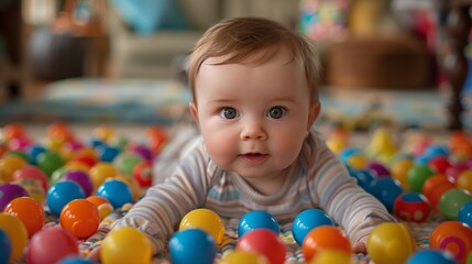Obraz premium A young child lies on a carpeted floor amidst a scattering of vibrant, multicolored play balls and various toys.