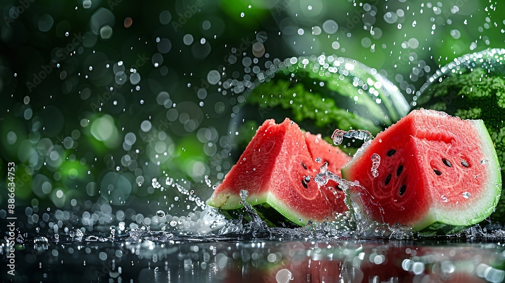 Aufkleber whole and sliced picnic watermelons with a dynamic splash effect in water emphasizing their vibrant 