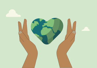Illustration of hands holding a heart-shaped Earth, symbolizing love and care for the planet and environmental conservation. 