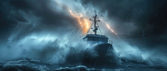 Fototapeta premium As a storm rages, a fishing boat sails through the choppy waters, its hull battered by high waves and its crew battling the elements. Lightning illuminates the scene, revealing the intensity of the