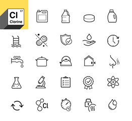Chlorine and pool safety icon set. The outline icons are well scalable and editable. Contrasting elements are good for different backgrounds. EPS10.