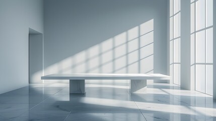 Fototapeta premium Minimalist White Glossy Table in Soft Lit Modern Interior for Luxury Skincare Product Display