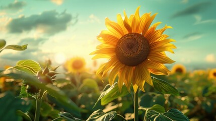 夏の写実的なひまわり - 青空と緑の背景01