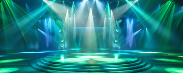 A vibrant dance stage with green and blue spotlights creating a cool, energetic vibe. The background features dynamic light patterns that add to the sense of motion.