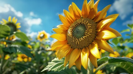 夏の写実的なひまわり - 青空と緑の背景02