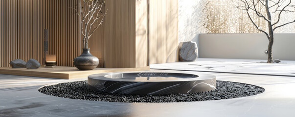A circular stone podium with a matte finish, surrounded by a ring of polished black pebbles. The minimalist setup highlights the product's elegance and simplicity.