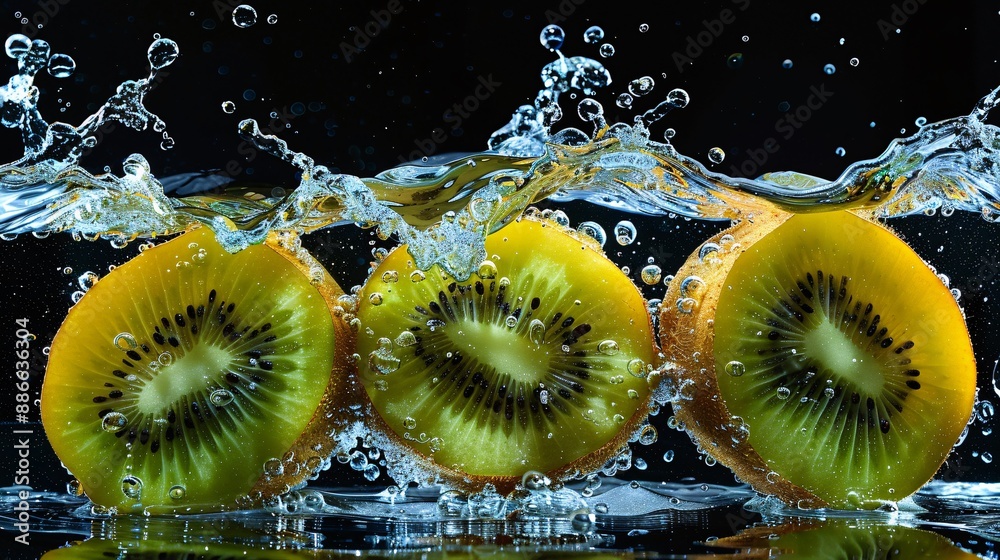 Aufkleber whole and sliced kiwis with a dynamic splash effect in water emphasizing their vibrant green and gol