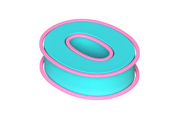 Lying down 3D number 0 in turquoise and magenta. Isometric 3D rendering font suitable for poster, web, advertising and modern design projects.