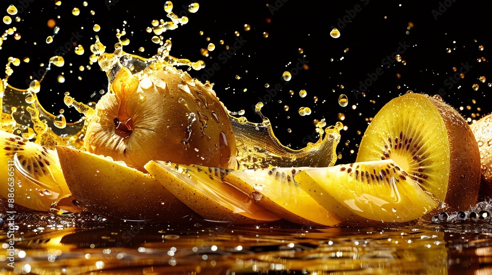 Poster a dynamic splash of kiwi juice and water droplets with whole and sliced gold kiwis against a black b