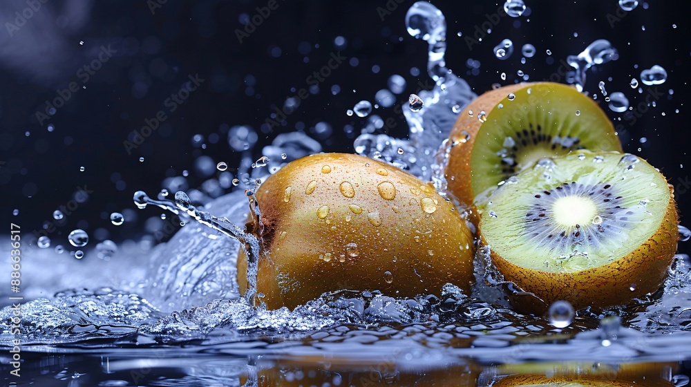 Aufkleber a dynamic splash of kiwi juice and water droplets with whole and sliced gold kiwis against a black b