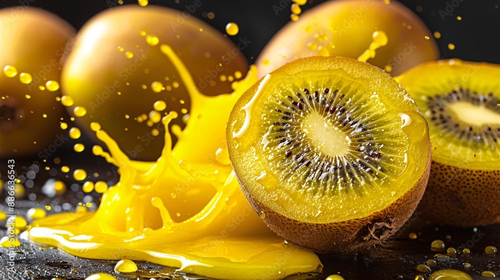 Poster a dynamic splash of kiwi juice and water droplets with whole and sliced gold kiwis against a black b