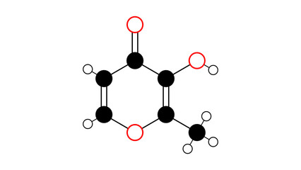 maltol molecule, structural chemical formula, ball-and-stick model, isolated image e636