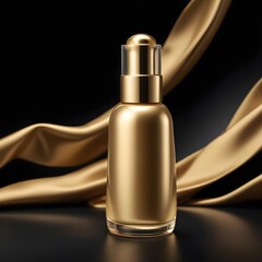 Naklejka premium A simple, unbranded golden cosmetic bottle with a satin-like texture, set against a deep onyx background