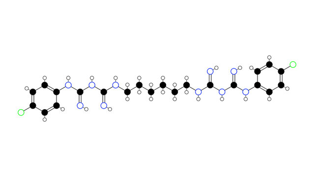 chlorhexidine molecule, structural chemical formula, ball-and-stick model, isolated image disinfectant