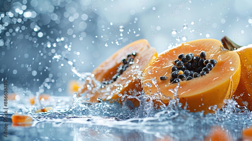 Poster Whole and sliced solo papayas with seeds exposed creating a vibrant display against a white background with water splashing highlighting their juicy texture Stock Photo with copy space
