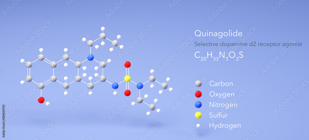 Sticker quinagolide molecule, molecular structure, d2-receptor agonists, 3d model, Structural Chemical Formula and Atoms with Color Coding