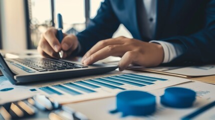 Fototapeta premium male hands typing on a laptop with graphs, accountant work concept