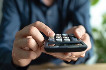 close-up, male hands pressing buttons on a calculator, budget calculation concept