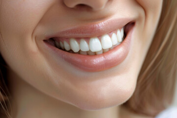 Fototapeta premium Close-up of a woman's smile showing healthy white teeth.