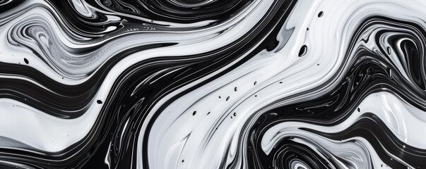Abstract fluid art background featuring bold black and white swirls, creating a striking monochromatic pattern with high contrast and dynamic movement.