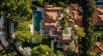 Experience opulent living with this captivating aerial view of a luxurious house and meticulously designed garden, showcasing exquisite landscape architecture and lush greenery.