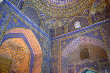 Islamic interior of Tilya-Kori Madrasah, Registan, Samarkand, Uzbekistan