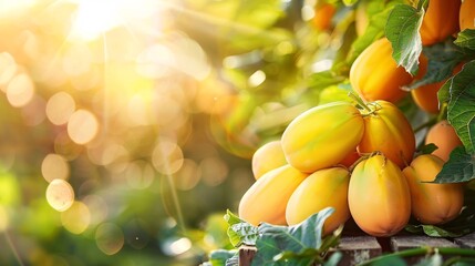 A papaya tree laden with ripe fruits ready for harvest under the bright sun highlighting the lush green foliage and the vibrant orange papayas Stock Photo with copy space