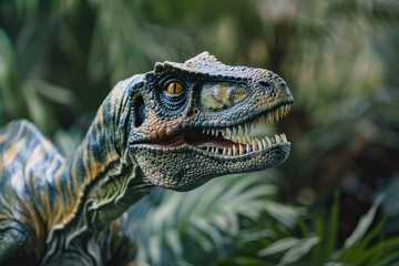 Generative ai on theme of big scary hungry dinosaur with kind eyes and sharp teeth destroying park