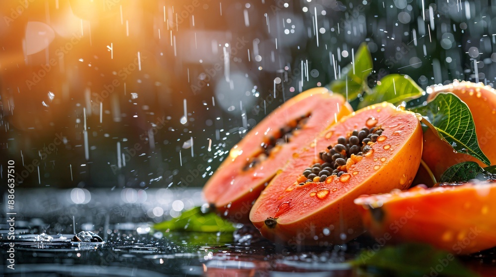 Poster close-up of mexican red papayas on a tree with the sun shining through the leaves and water splashin