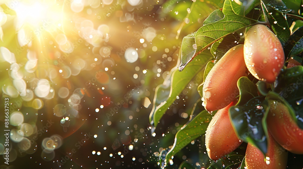 Poster close-up of mexican red papayas on a tree with the sun shining through the leaves and water splashin