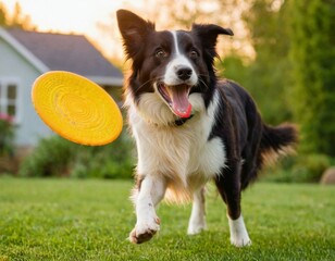 Fototapeta premium A dog playing with frisbee in backyard. Generative ai.