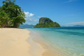 Fototapeta premium Tropical beach with crystal-clear waters and a sunny blue sky.