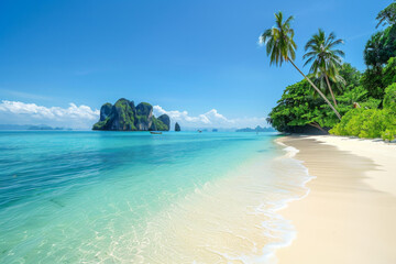 Naklejka premium Tropical beach with crystal-clear waters and a sunny blue sky.