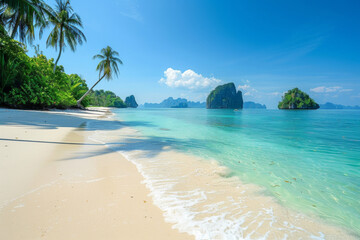 Fototapeta premium Tropical beach with crystal-clear waters and a sunny blue sky.