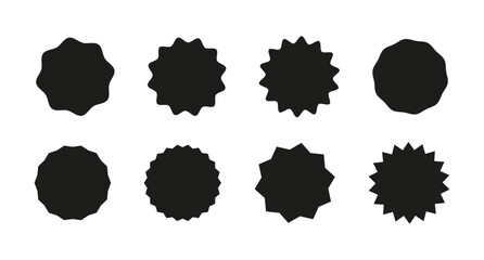 Circle sticker. Black badges. Star burst shapes tags for price. Wavy edge promo. Blank round sale stickers templates. Abstract silhouette icons. Flat simple vintage labels. Graphic illustration.