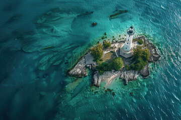 Generative ai on theme of large retro lighthouse with beam of bright light shining out to blue sea